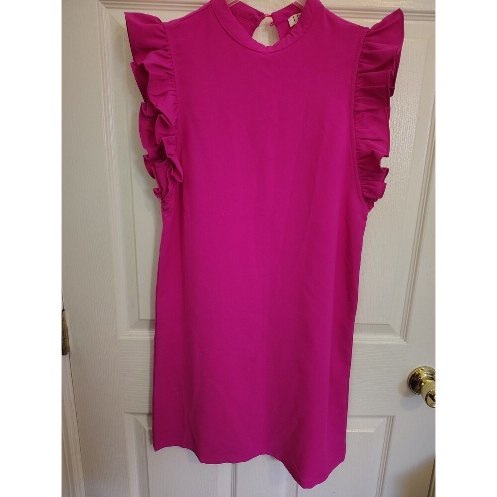 TCEC Women's S Pink Solid Round Neck Sleeveless Shift Short Ruffle Sleeve S